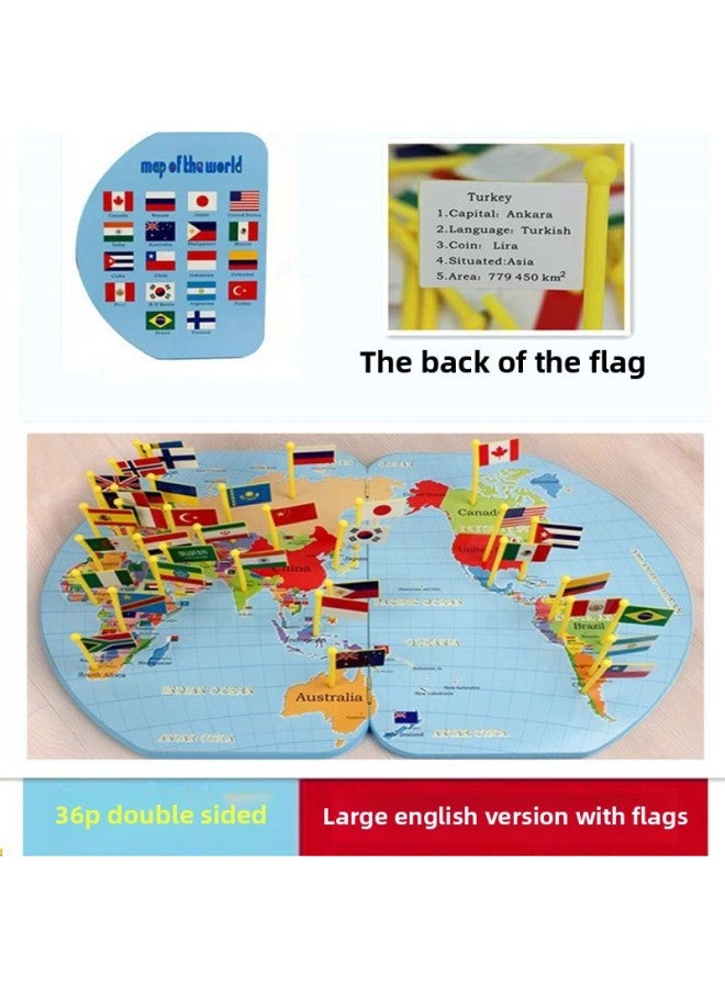 World Map Insert National Flag English Version Children's Understanding Wooden Puzzle Intelligence Kindergarten Educational Toys 4-6 Years Old-Color:English Version With Flag Inserted - Image 1